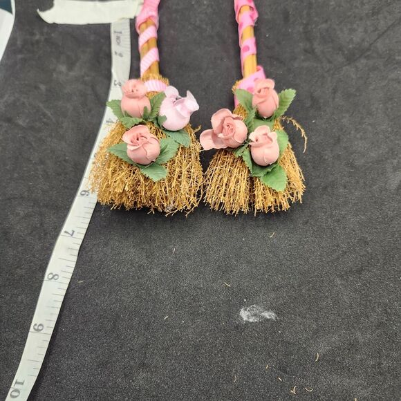 Hand Crafted Set of 2 Decorative Mini Brooms with Pink Roses - Picture 7 of 7